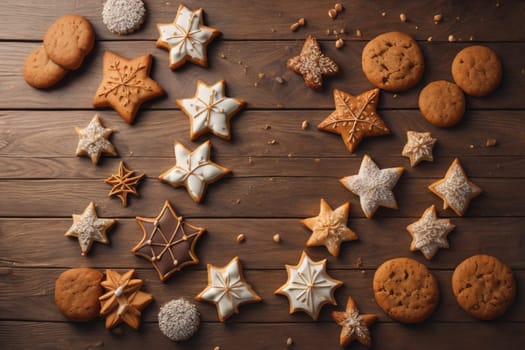 Cookies on a wooden table. Top view. ai generative