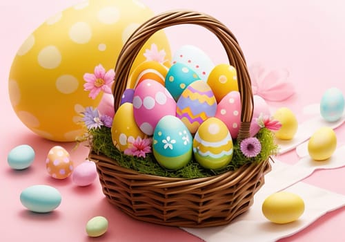 Easter bunny with colorful eggs in nest. ai generative