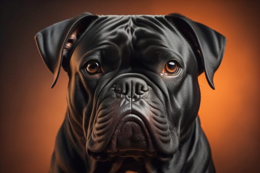 Close up portrait of a cute black dog on a orange background. ai generative