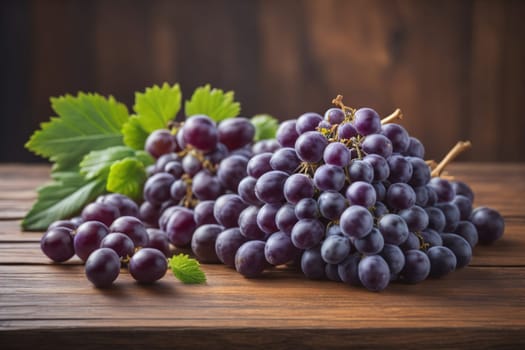 Bunch of fresh grapes on wooden table. Vintage style toned picture. ai generative