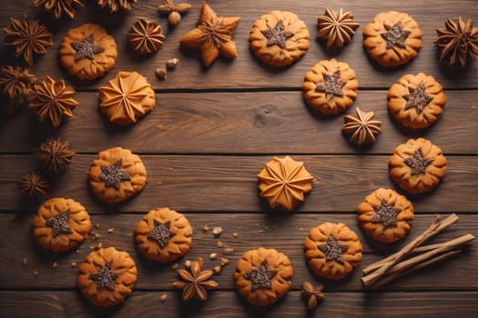 Cookies on a wooden table. Top view. ai generative
