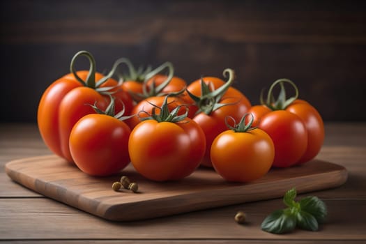 Tomatoes on a wooden table on a dark background. ai generative