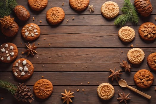 Cookies on a wooden table. Top view. ai generative