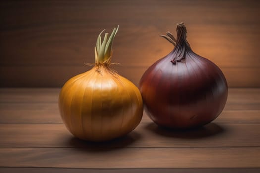 Three onions on a wooden table in front of a solid color background. ai generative
