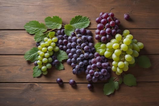 Bunch of fresh grapes on wooden table. Vintage style toned picture. ai generative