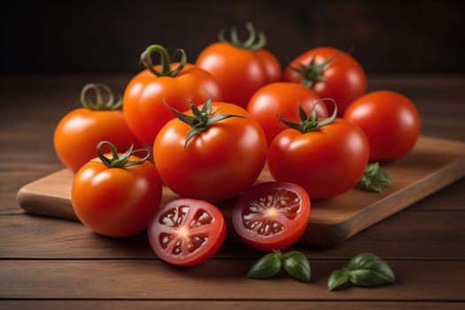 Tomatoes on a wooden table on a dark background. ai generative