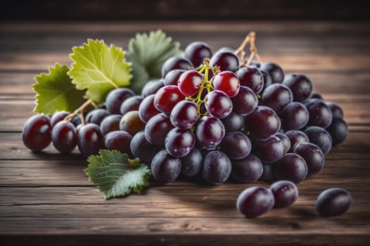 Bunch of fresh grapes on wooden table. Vintage style toned picture. ai generative