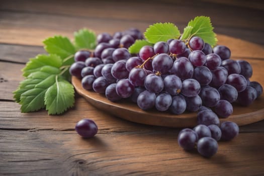 Bunch of fresh grapes on wooden table. Vintage style toned picture. ai generative