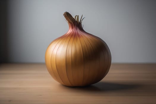 Three onions on a wooden table in front of a solid color background. ai generative