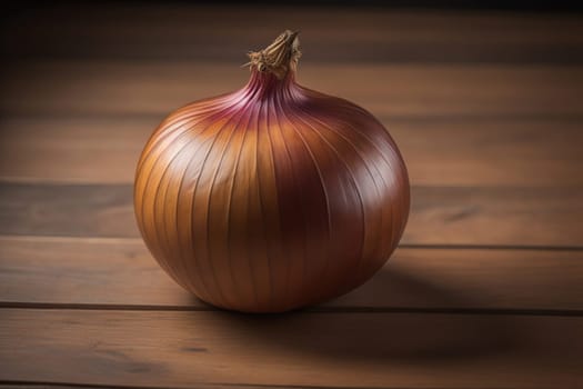Three onions on a wooden table in front of a solid color background. ai generative