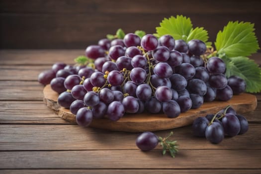 Bunch of fresh grapes on wooden table. Vintage style toned picture. ai generative