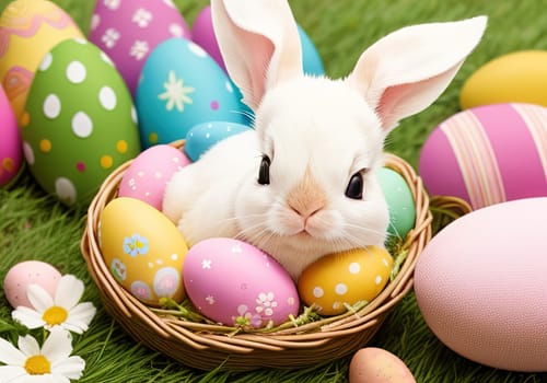 Easter bunny with colorful eggs in nest. ai generative