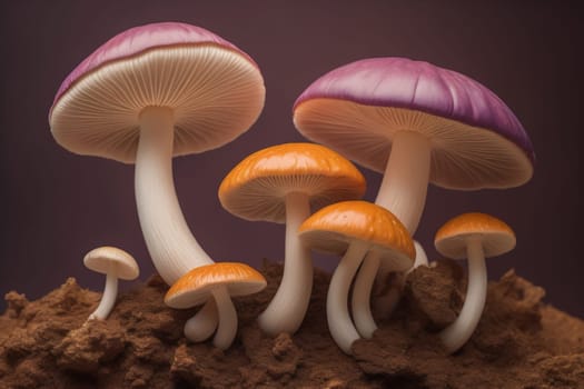Mushrooms on a solid color background with green moss and water drops. generative ai