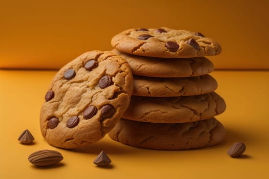 Chocolate chip cookies on orange background. Close up. Selective focus. ai generative