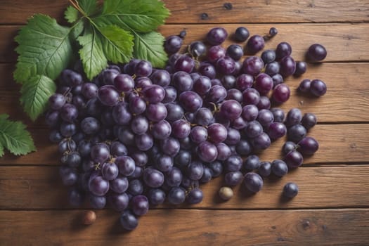Bunch of fresh grapes on wooden table. Vintage style toned picture. ai generative