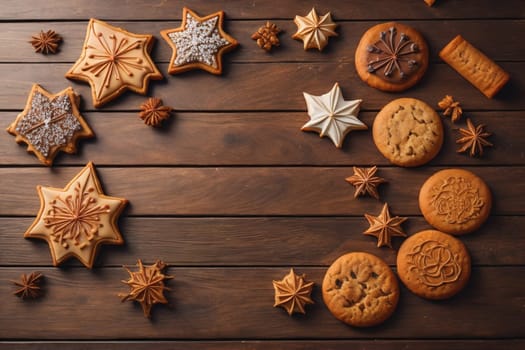 Cookies on a wooden table. Top view. ai generative