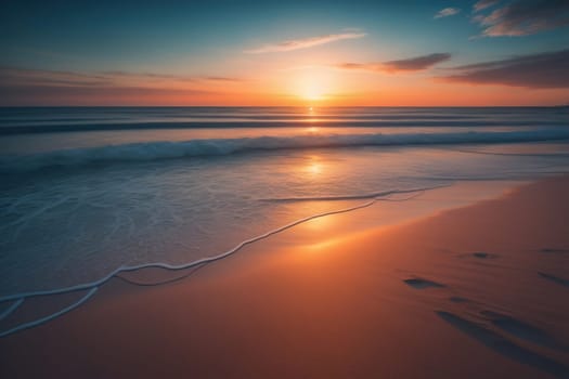 Beautiful sunset on the beach with reflection in the water. Long exposure. ai generative