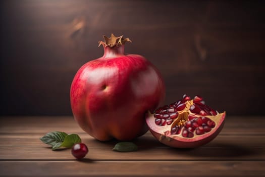 Ripe pomegranate fruit on a wooden background. Still life. ai generative
