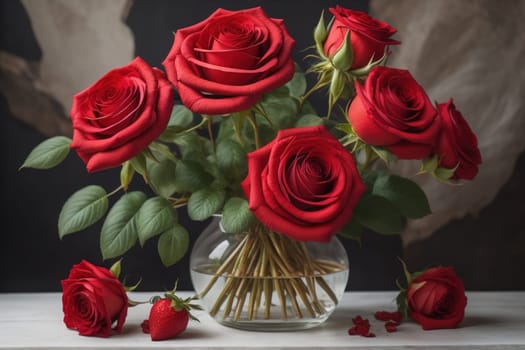 Red roses background. Top view of beautiful red roses with green leaves. ai generative