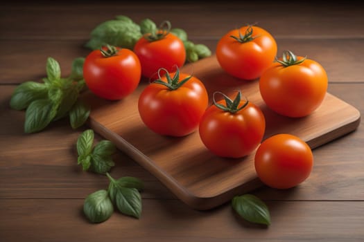 Tomatoes on a wooden table on a dark background. ai generative