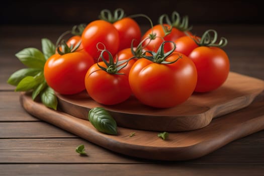 Tomatoes on a wooden table on a dark background. ai generative