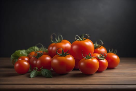 Tomatoes on a wooden table on a dark background. ai generative