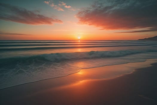 Beautiful sunset on the beach with reflection in the water. Long exposure. ai generative