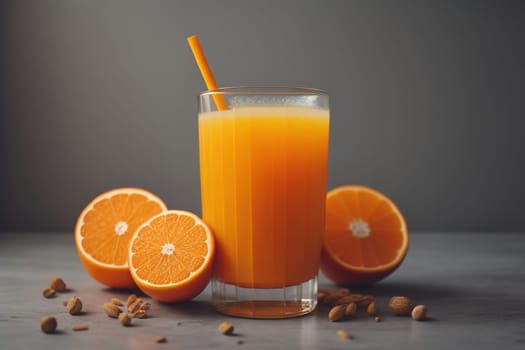 Glass of orange juice and fresh orange fruits. ai generative