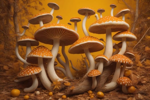 Mushrooms on a solid color background with green moss and water drops. generative ai