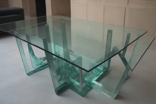 a glass table in a room. ai generative