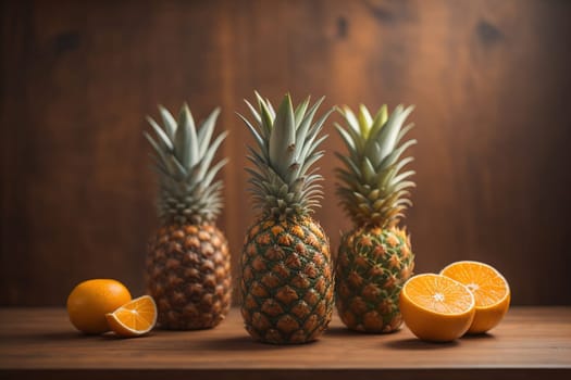 Pineapples on a wooden background. ai generative