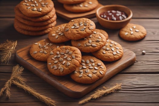 Cookies on a wooden table. Top view. ai generative