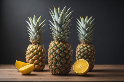 Pineapples on a wooden background. ai generative