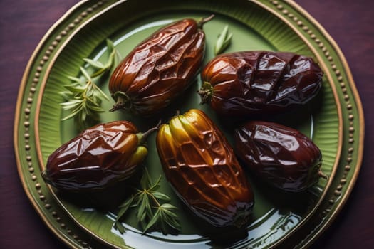 Dried fruits of date palm on a solid color background. Toned. ai generative