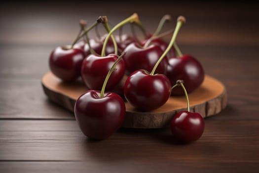 Red cherries on a wooden background. Close up. Selective focus. ai generative