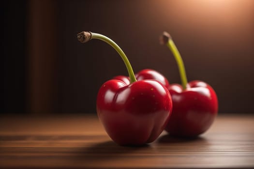 Red cherries on a wooden background. Close up. Selective focus. ai generative