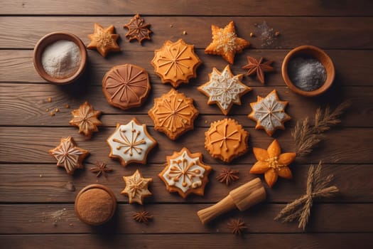 Cookies on a wooden table. Top view. ai generative