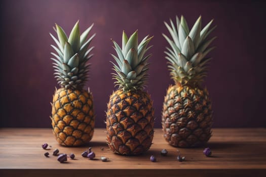 Pineapples on a wooden background. ai generative