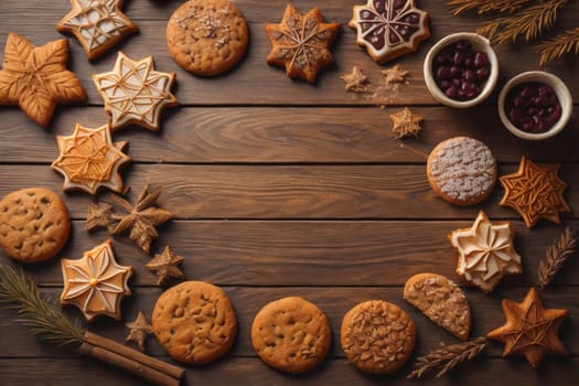 Cookies on a wooden table. Top view. ai generative