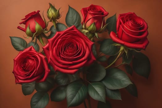 Red roses background. Top view of beautiful red roses with green leaves. ai generative