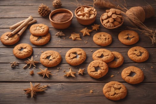 Cookies on a wooden table. Top view. ai generative