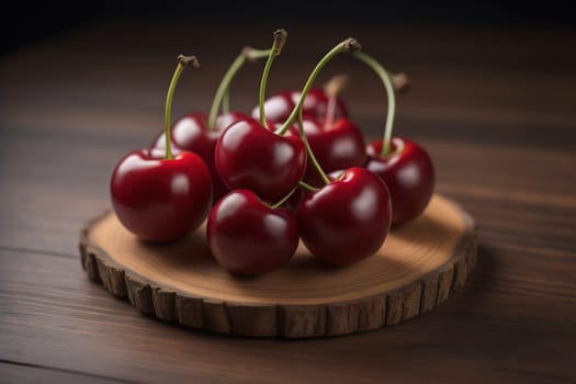 Red cherries on a wooden background. Close up. Selective focus. ai generative