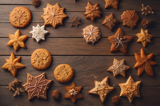 Cookies on a wooden table. Top view. ai generative