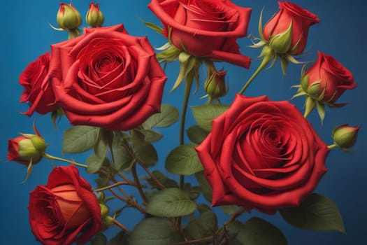 Red roses background. Top view of beautiful red roses with green leaves. ai generative