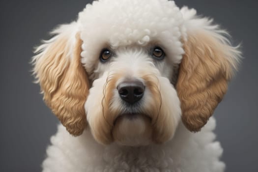 Close-up portrait of a poodle dog on a solid color background. ai generative