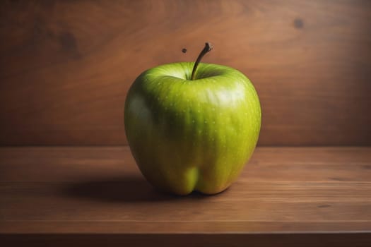 Green apple on a wooden table with dark background, shallow depth of field. The concept of healthy eating. ai generative