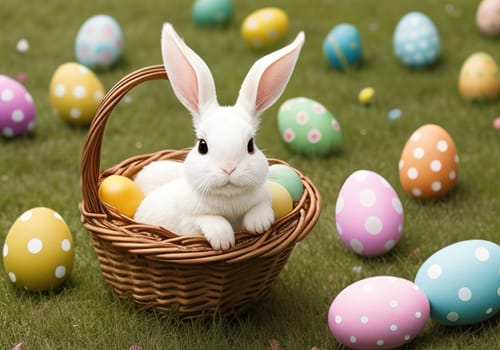 Easter bunny with colorful eggs in nest. ai generative