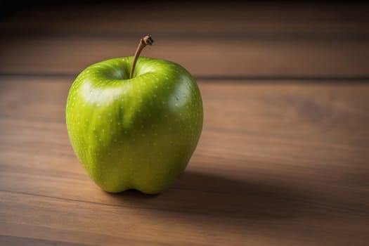 Green apple on a wooden table with dark background, shallow depth of field. The concept of healthy eating. ai generative