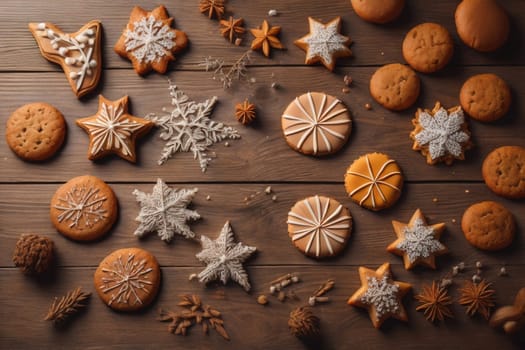 Cookies on a wooden table. Top view. ai generative