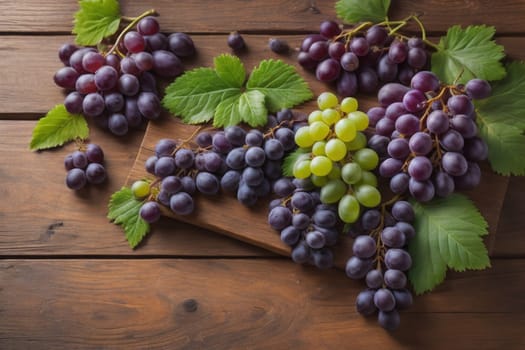 Bunch of fresh grapes on wooden table. Vintage style toned picture. ai generative